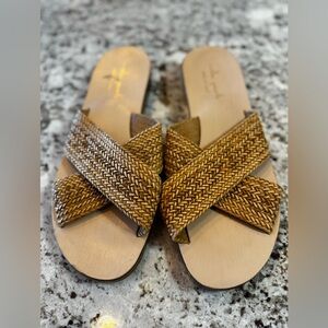 Mila Paoli Braided Tan and Gold Slide Sandals